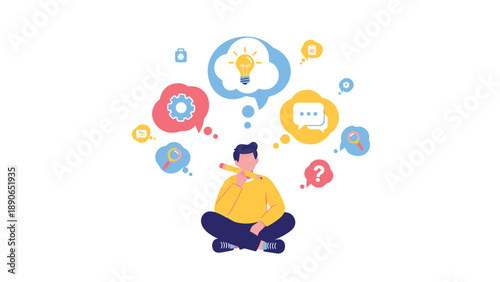 Creative Man Brainstorming Ideas. Problem Solving, Innovation, and Idea Generation Process Illustration.