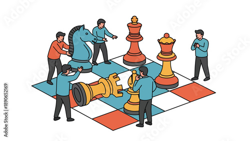 Business Strategy & Teamwork Chess Game. People Moving Giant Pieces on Board. Strategic Planning, Problem Solving, Leadership Metaphor.