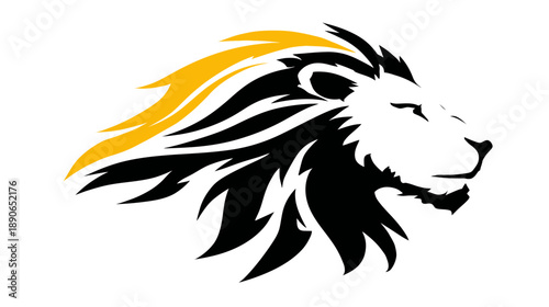 A stylized lion's head in profile with flowing mane and a yellow accent on a white background
