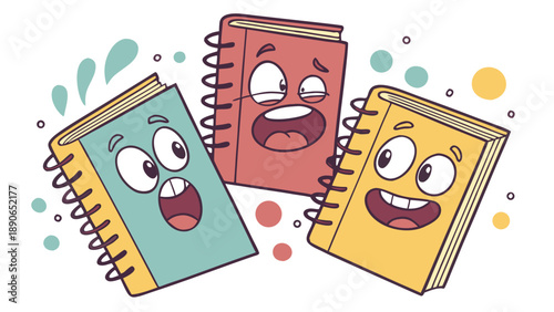 A group of cartoon notebooks with different expressions, a diversity of emotions, and a cheerful composition.