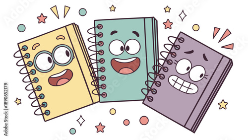 A group of cartoon notebooks with different expressions, a diversity of emotions, and a cheerful composition.