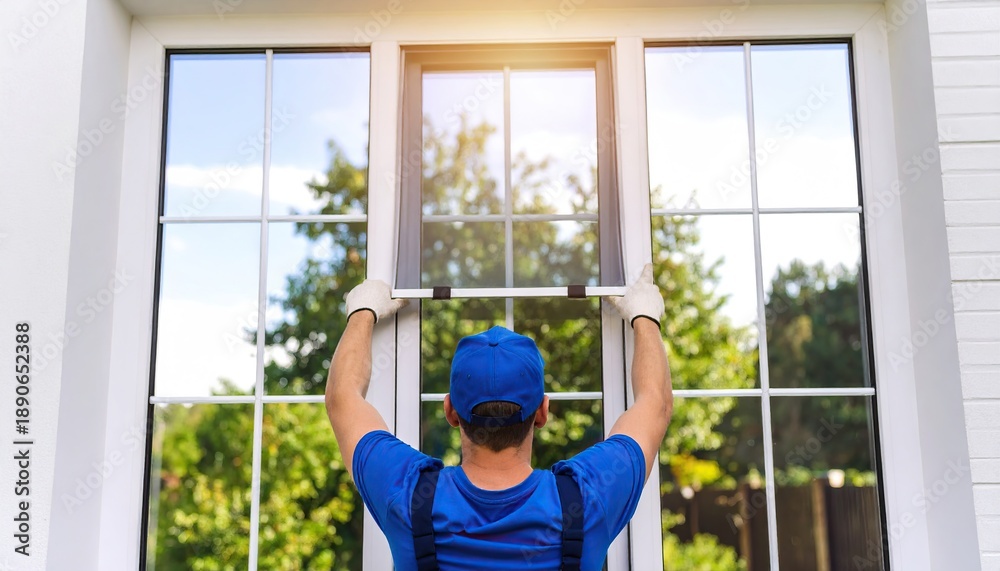 Naklejka premium Window installation: worker installs a mosquito net.