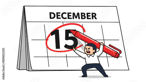Urgent December 15 Deadline Marked on Calendar by Determined Cartoon Character with Red Pen