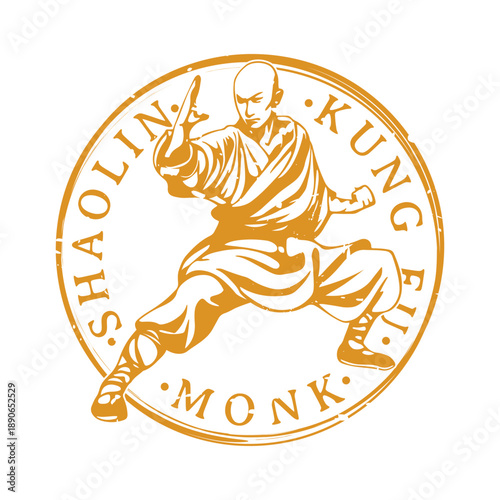 Vector seal of a Shaolin monk with the martial art of kung fu.
