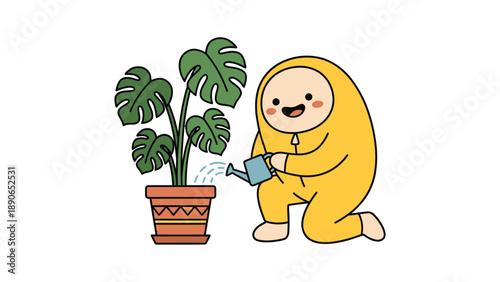 Cute Cartoon Character in Yellow Watering Potted Monstera Plant