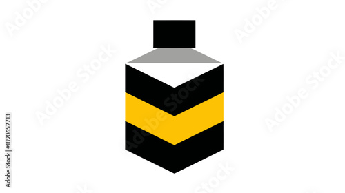 A geometrically abstract graphic of a bottle-shaped object, utilizing black, yellow, grey and white shapes