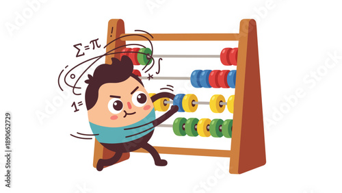 Cartoon character struggling with math on an abacus, overwhelmed by calculations, representing educational frustration and stress.