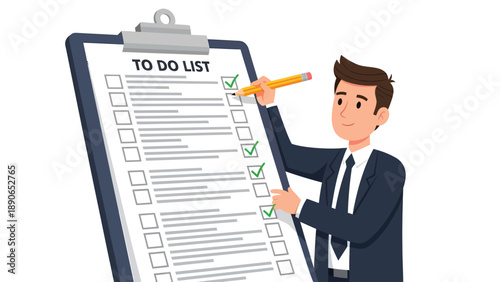 Businessman checking off a to-do list on a clipboard, symbolizing task completion, productivity, and organization.