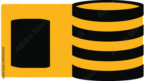 Abstract graphic features a cylindrical form alongside a layered barrel design, using black and yellow colors