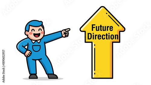 Smiling cartoon man pointing to 'Future Direction' arrow, symbolizing progress, goals, and strategic planning