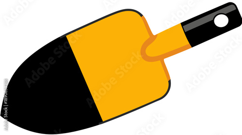 A cartoonish garden trowel illustration with black, yellow, and orange segments on a white background