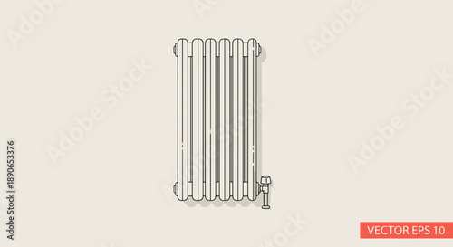Vintage Cast Iron Radiator with Thermostatic Valve Detailed Illustration.