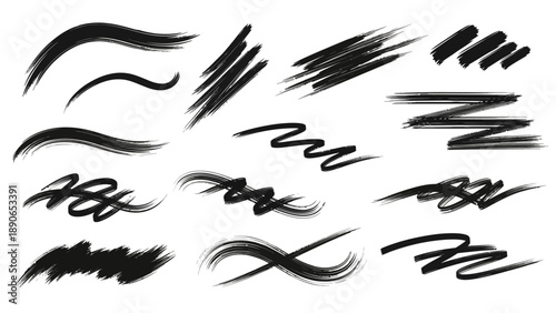 Dynamic collection of black ink brush strokes and grunge elements.