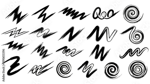 Dynamic collection of black brush strokes and spiral shapes.