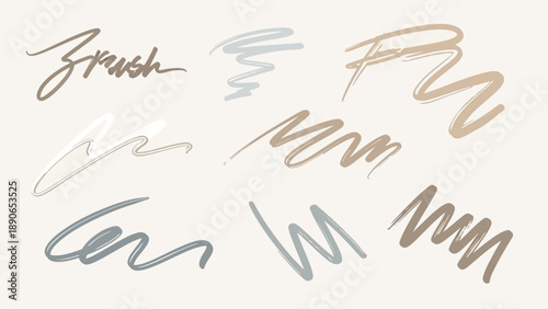 Set of various hand-drawn brush strokes and scribbles in neutral colors.
