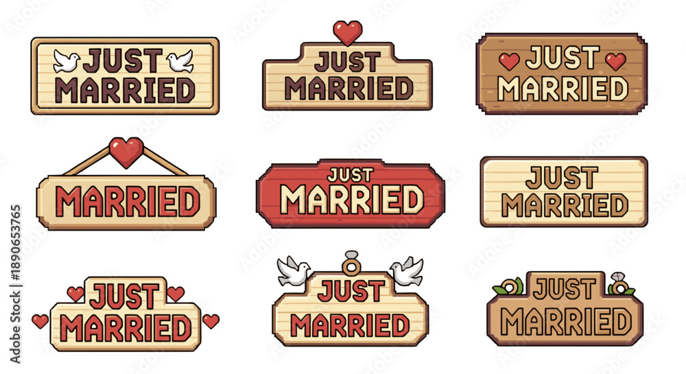 Obraz premium Just married wooden sign collection wedding vector cartoon illustration