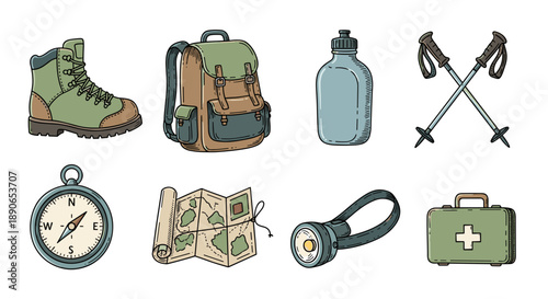 Hiking and camping equipment set boot, backpack, bottle, poles, compass, map