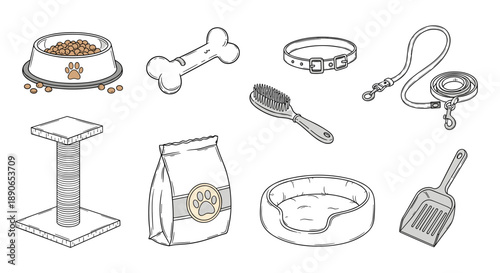 Pet shop accessories set hand drawn vector illustration