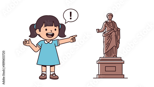 Excited little girl pointing at classical statue, concept of discovery, history, and learning