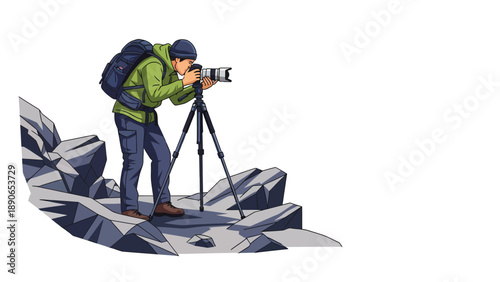 Outdoor Photographer with Professional Camera and Tripod on Rocky Terrain