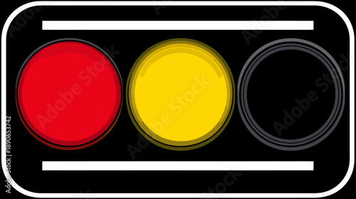 A simple, illustrated traffic signal with a red, yellow, and unlit lens against a black backdrop