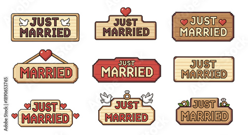 Just married wooden sign collection wedding vector cartoon illustration