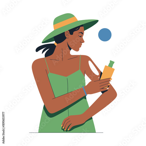 A woman in a green dress and hat applying sunscreen on a sunny day