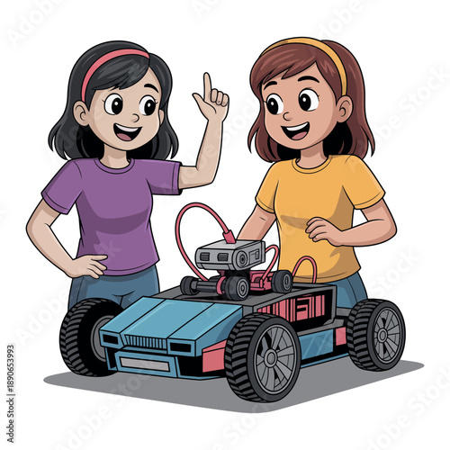 Two young girls standing next to a blue and pink robot with big wheels and a camera on top, smiling and having fun together.