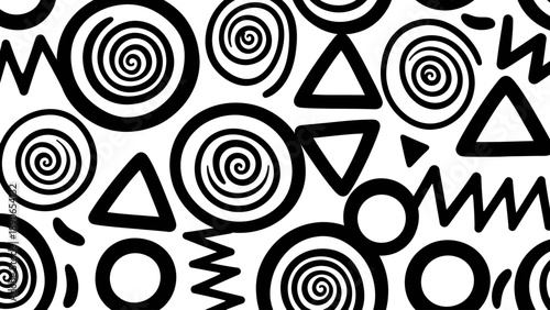 Abstract Black and White Hand Drawn Geometric Shapes Pattern.