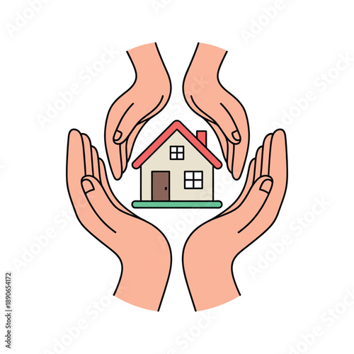 A pair of hands protecting a small house with a red roof