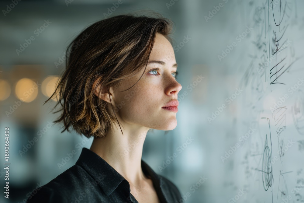 Fototapeta premium Thoughtful woman standing beside a whiteboard with sketches, representing ideas, planning, and problem solving