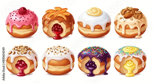 A vibrant collection of eight assorted jelly-filled and frosted donuts with various toppings, isolated on a white background.