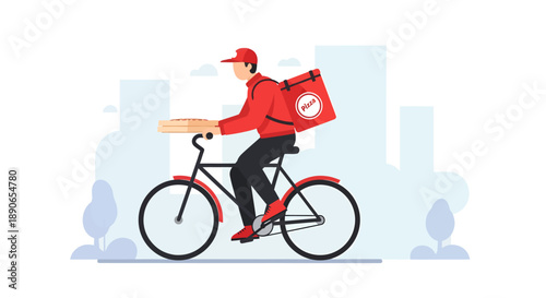 Delivery person riding a bicycle with a package in the urban city environment from a side view
