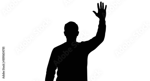 Silhouette of a person waving hello with their right hand.