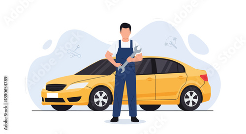 A mechanic in overalls stands confidently beside a yellow car, inspecting it thoroughly in a well-lit service center.