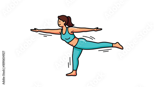 Cartoon woman balancing in yoga pose, fitness and healthy lifestyle illustration