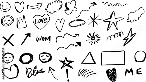 Hand-drawn doodle collection with hearts, arrows and playful elements in black

