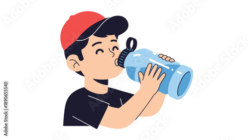 Happy young boy in a cap drinking refreshing water from a blue reusable bottle. Healthy hydration and lifestyle for children.