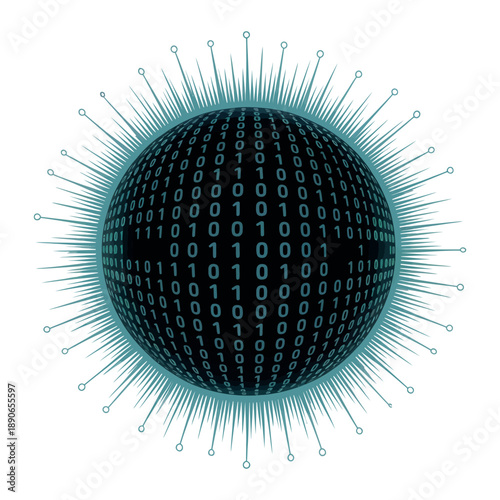 A futuristic digital globe with binary code and radiant lines on a white background, representing technology and data.