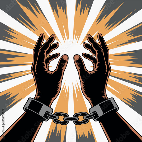 A pair of handcuffed hands reaching up towards freedom with a burst of light in the background.