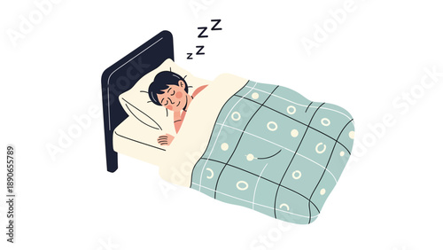 Peaceful sleep illustration: A person resting soundly in bed with "Zzz" symbols, depicting comfort and relaxation.