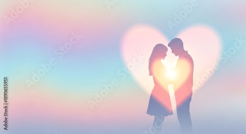 Romantic Couple Silhouette with Glowing Heart on Soft Pastel Background