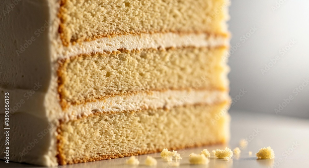 Fototapeta premium Close-up of a freshly baked vanilla layer cake slice with creamy white frosting, crumbs on a bright surface, highlighting texture.