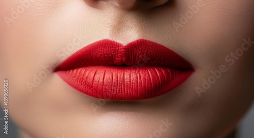 Close-up of a woman's perfectly made-up red lips, showcasing vibrant color and smooth texture in a studio beauty shot.