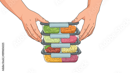 Hands holding stacked meal prep containers with healthy, colorful food. Organized portion control for daily nutrition.