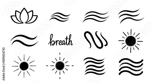 Hand drawn set of icons representing breath sun and wind.