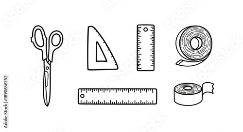 Hand drawn set of school and office supply doodles.