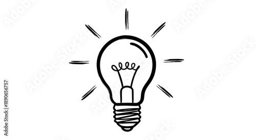 Hand drawn shining lightbulb icon illustration on white background.