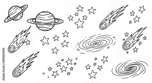 Hand drawn space elements collection with planets and stars.