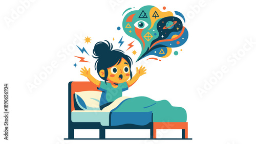 Young girl startled awake from a nightmare, abstract dream thoughts and fear illustrated